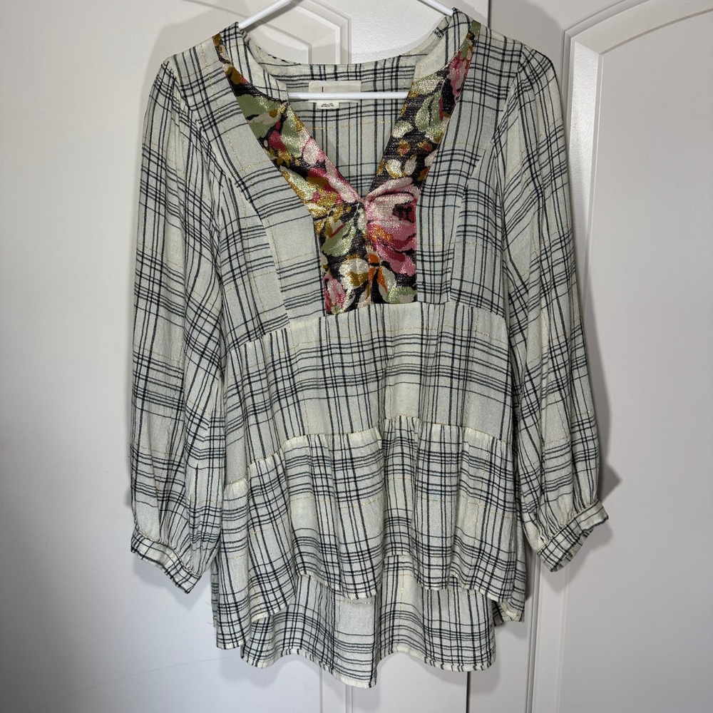 Anthropologie Darlene Plaid Peasant Blouse Tunic Womens Small Mixed Media Floral